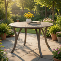 Olen Outdoor Round Dining Table, Curved Legs, Gray Acacia Wood 47 Inch -BM337008