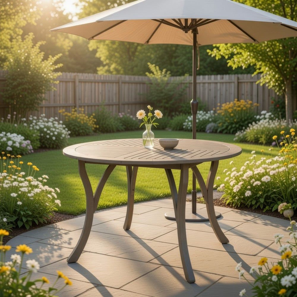 Olen Outdoor Round Dining Table, Curved Legs, Gray Acacia Wood 47 Inch -BM337008