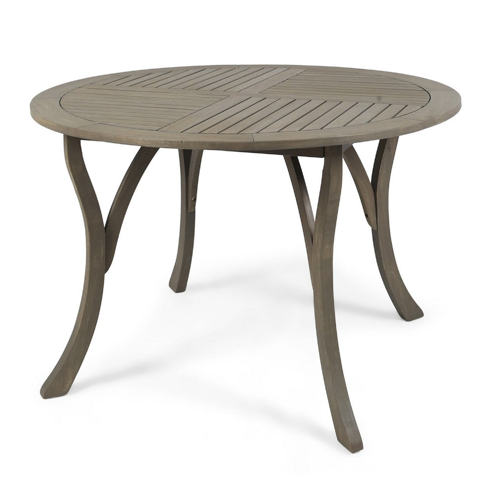 Olen Outdoor Round Dining Table, Curved Legs, Gray Acacia Wood 47 Inch -BM337008