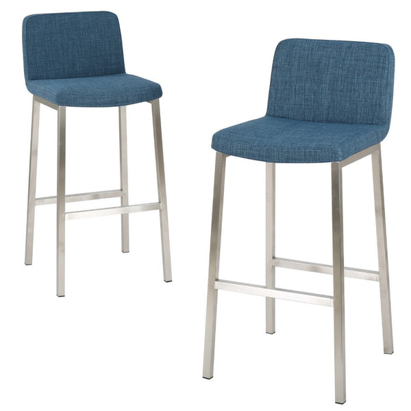 Della Barstool Chair Set of 2, Low Backrest, Chrome Steel Legs, Blue -BM337009