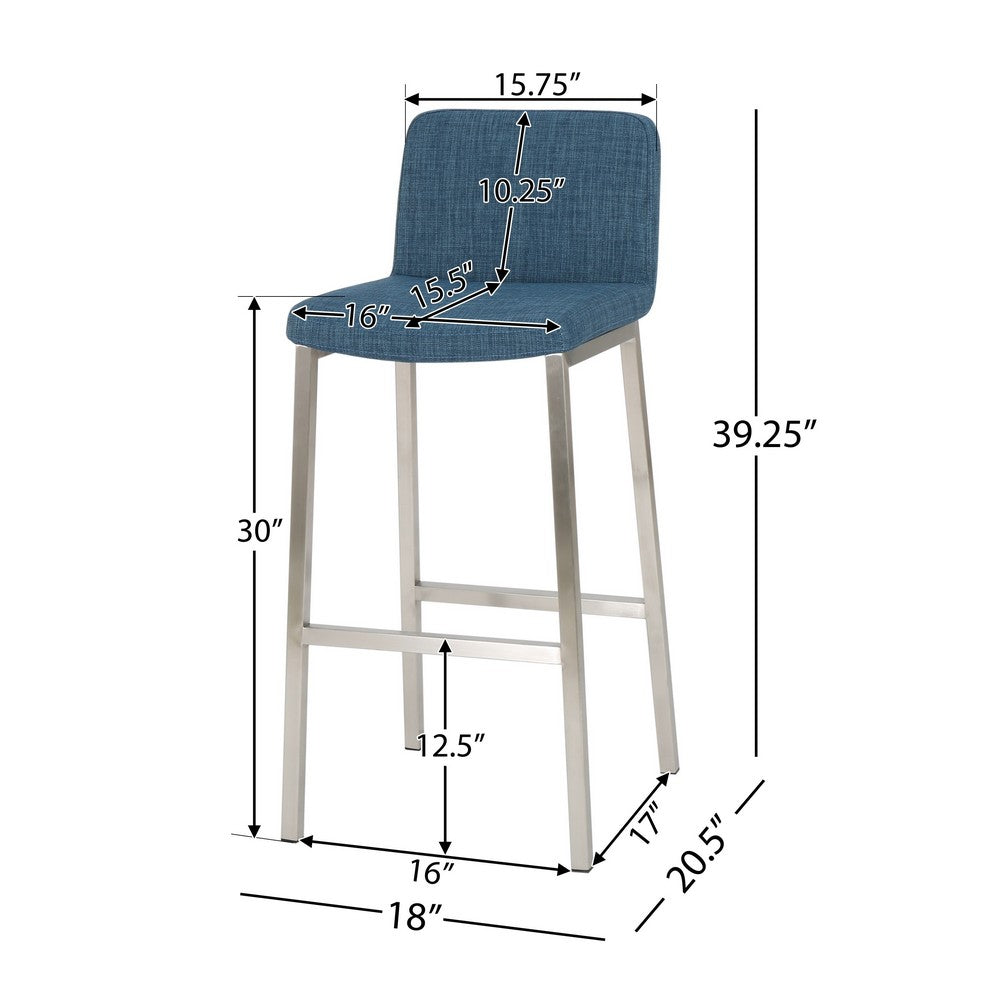 Della Barstool Chair Set of 2, Low Backrest, Chrome Steel Legs, Blue -BM337009
