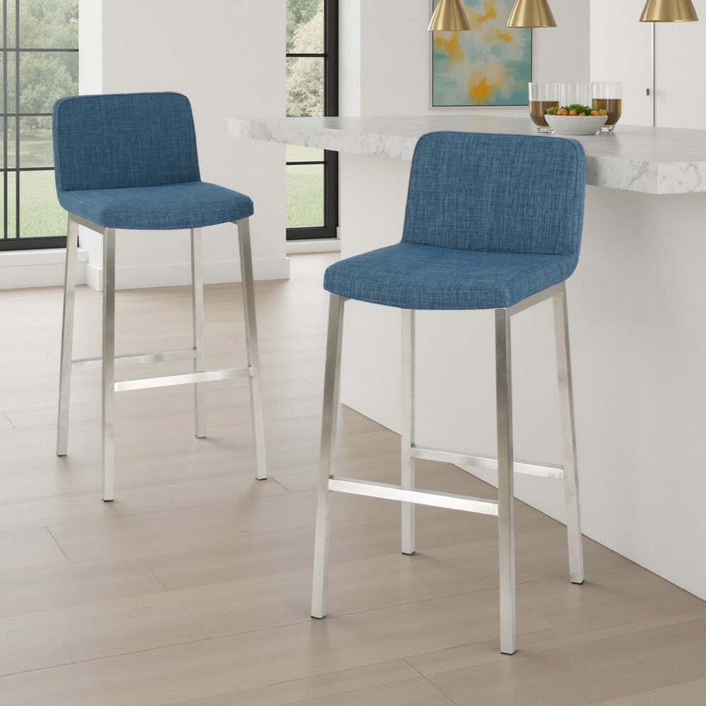 Della Barstool Chair Set of 2, Low Backrest, Chrome Steel Legs, Blue -BM337009