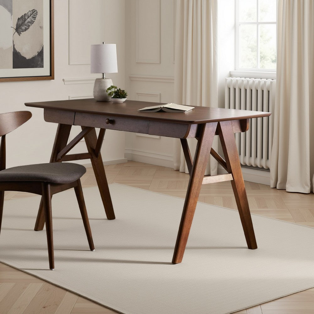 Elana Desk with 1 Drawer, Industrial Trestle Walnut Brown Wood 57 Inch -BM337011