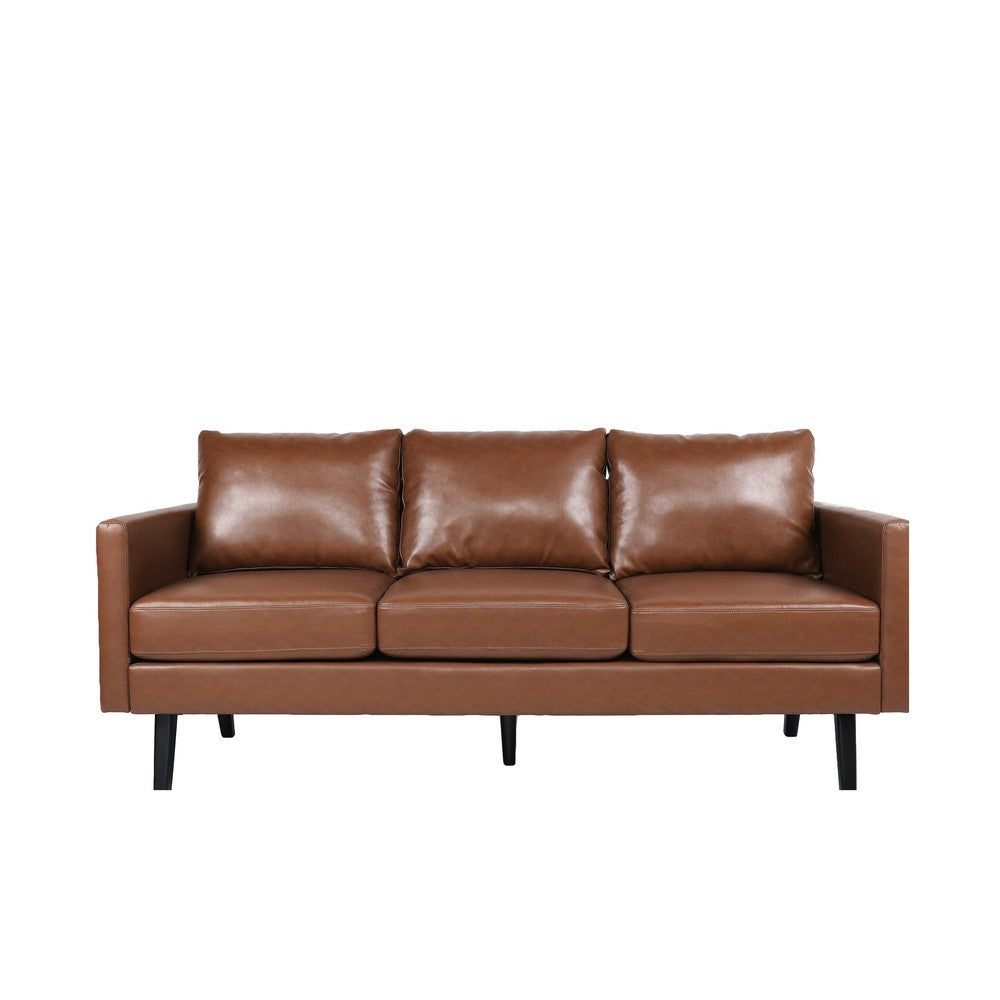 Dorie 3 Seater Sofa, Birch Wood Legs, Light Brown Faux Leather 74 Inch -BM337012