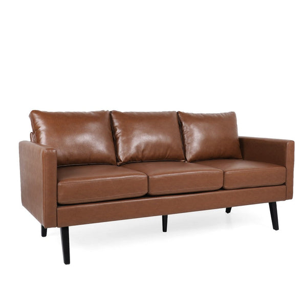 Dorie 3 Seater Sofa, Birch Wood Legs, Light Brown Faux Leather 74 Inch -BM337012