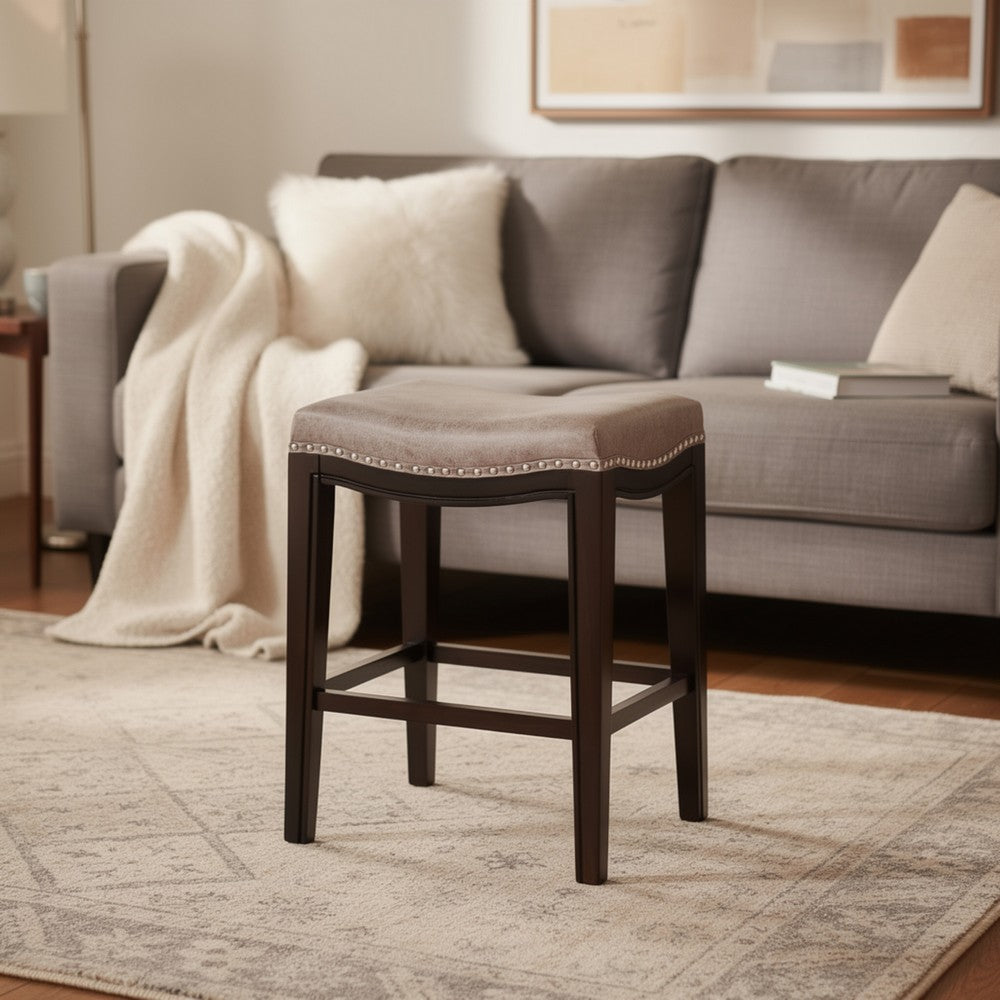 Feine Counter Stool Set of 2, Nailhead Trim, Taupe Gray Faux Leather -BM337013