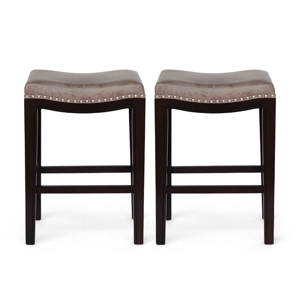 Feine Counter Stool Set of 2, Nailhead Trim, Taupe Gray Faux Leather -BM337013