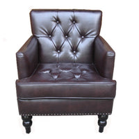 Lit Club Armchair, Turned Birch Wood Legs, Brown Tufted Faux Leather -BM337017