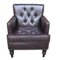Lit Club Armchair, Turned Birch Wood Legs, Brown Tufted Faux Leather -BM337017