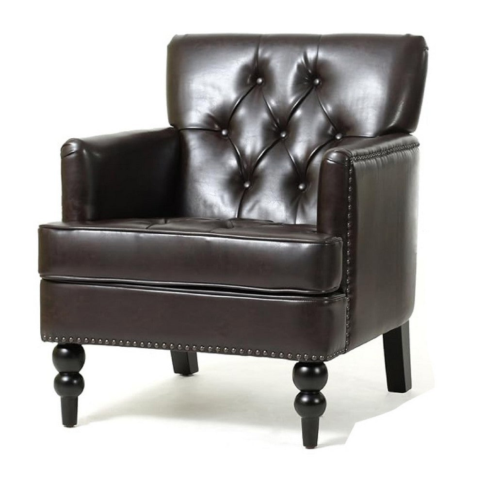 Lit Club Armchair, Turned Birch Wood Legs, Brown Tufted Faux Leather -BM337017