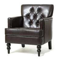 Lit Club Armchair, Turned Birch Wood Legs, Brown Tufted Faux Leather -BM337017