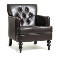 Lit Club Armchair, Turned Birch Wood Legs, Brown Tufted Faux Leather -BM337017