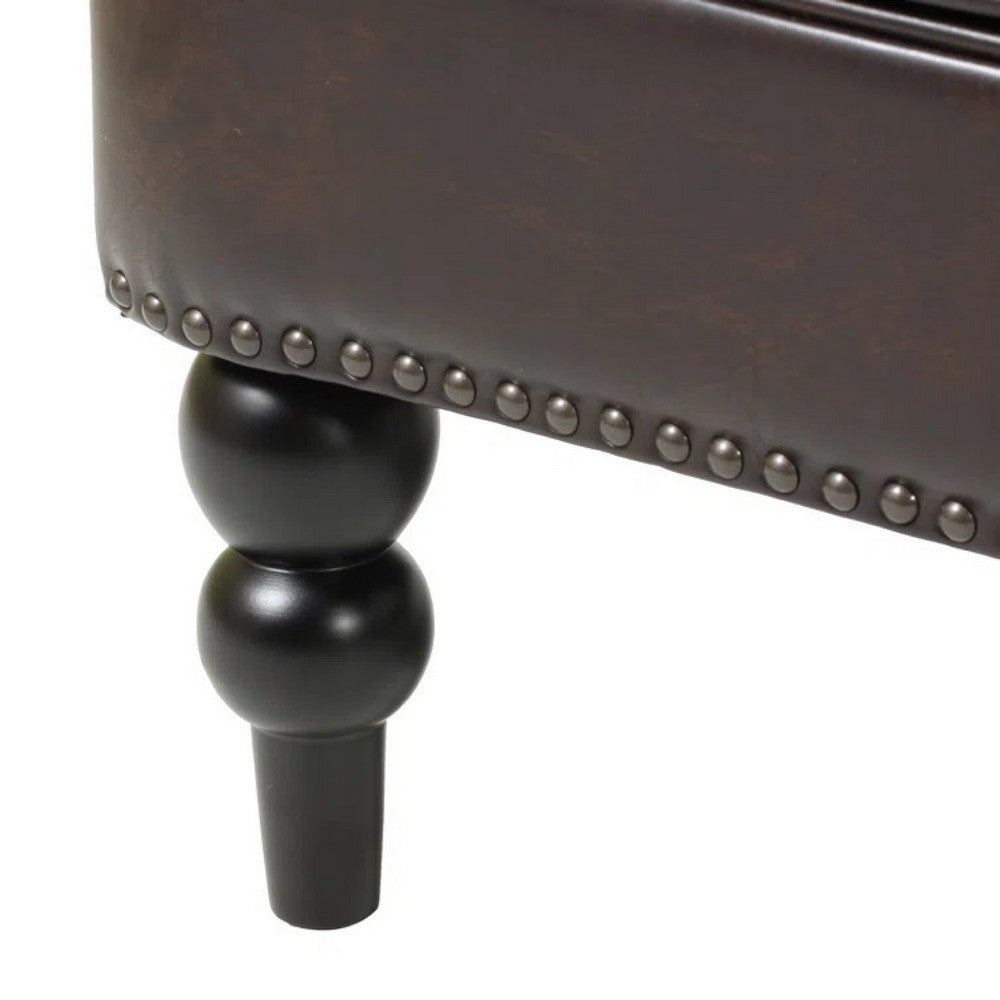 Lit Club Armchair, Turned Birch Wood Legs, Brown Tufted Faux Leather -BM337017