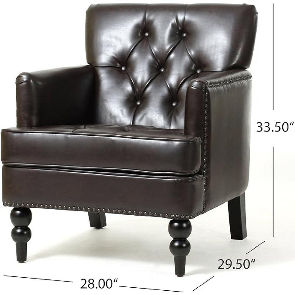 Lit Club Armchair, Turned Birch Wood Legs, Brown Tufted Faux Leather -BM337017