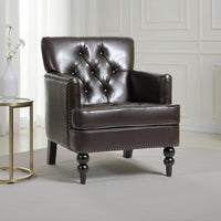 Lit Club Armchair, Turned Birch Wood Legs, Brown Tufted Faux Leather -BM337017