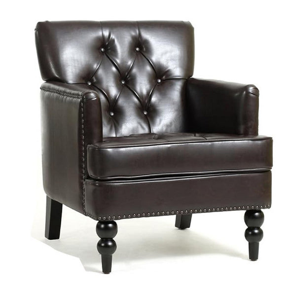 Lit Club Armchair, Turned Birch Wood Legs, Brown Tufted Faux Leather -BM337017