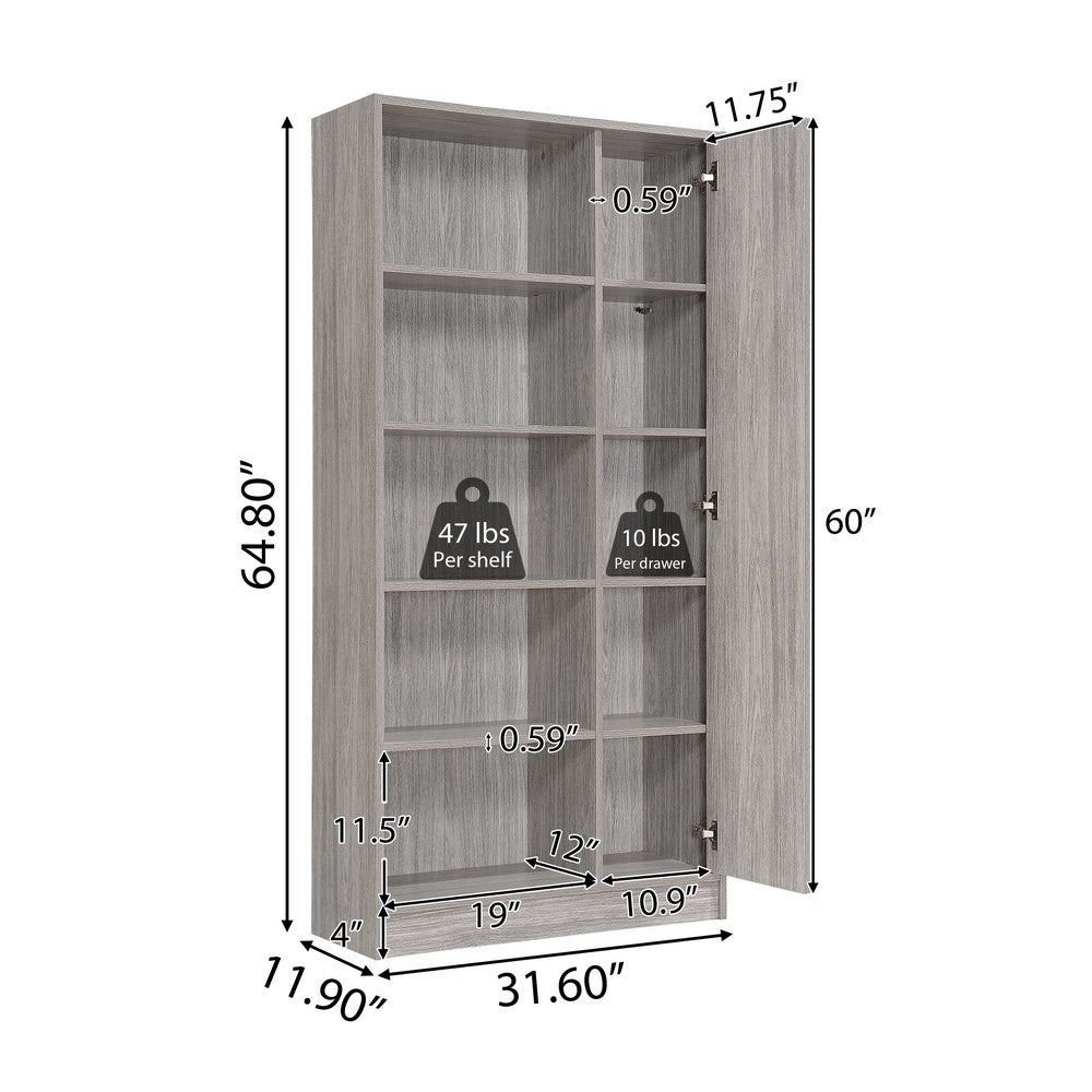 Wahon Bookcase, Flat Back, 5 Shelves and Cabinet, Warm Oak Gray Wood -BM337018