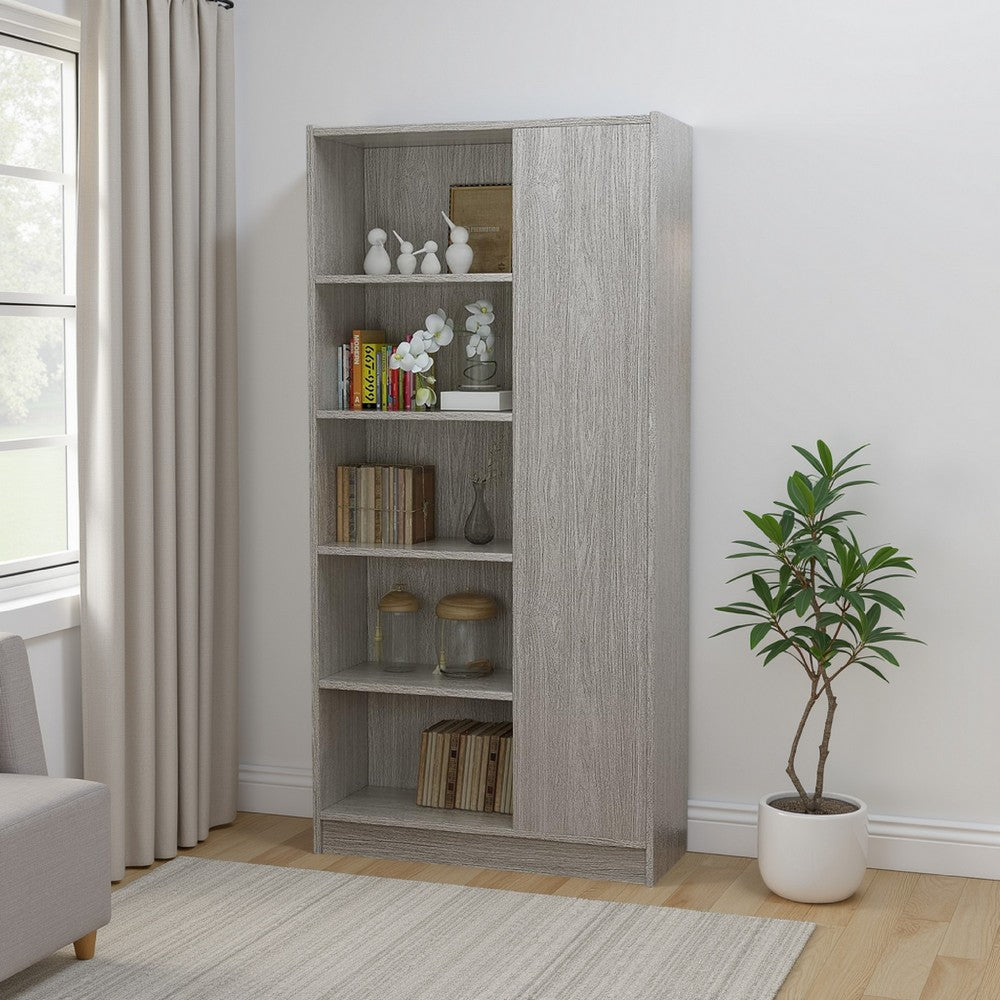 Wahon Bookcase, Flat Back, 5 Shelves and Cabinet, Warm Oak Gray Wood -BM337018
