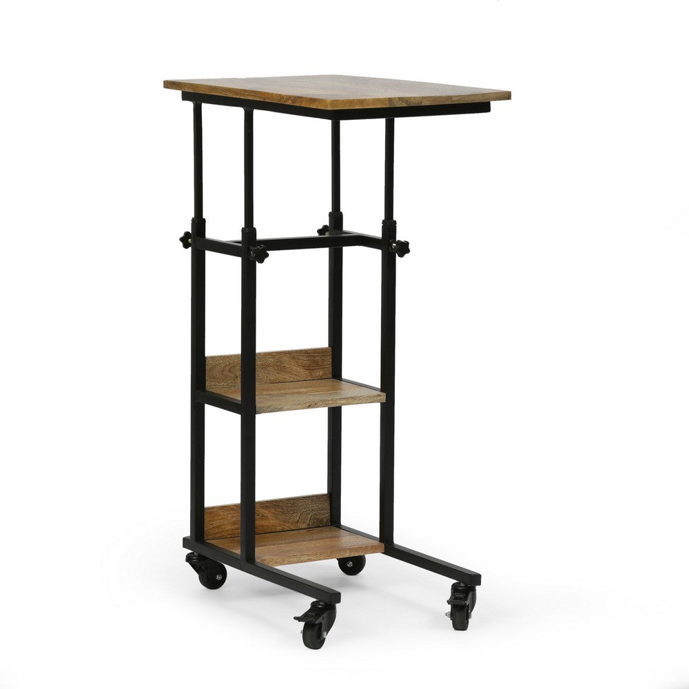 Mazie Laptop Table on Wheels, 2 Shelves, Brown Mango Wood, Black Steel -BM337019