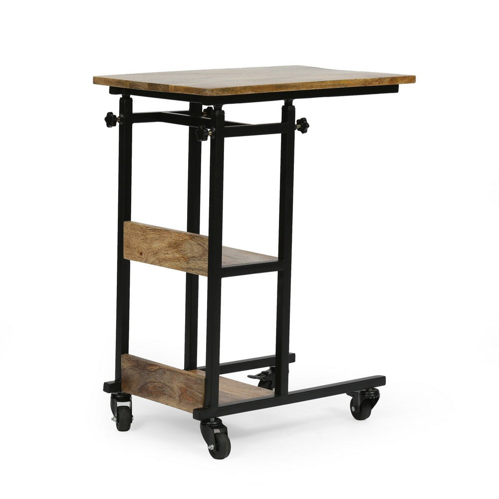 Mazie Laptop Table on Wheels, 2 Shelves, Brown Mango Wood, Black Steel -BM337019