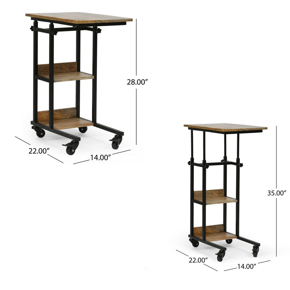 Mazie Laptop Table on Wheels, 2 Shelves, Brown Mango Wood, Black Steel -BM337019