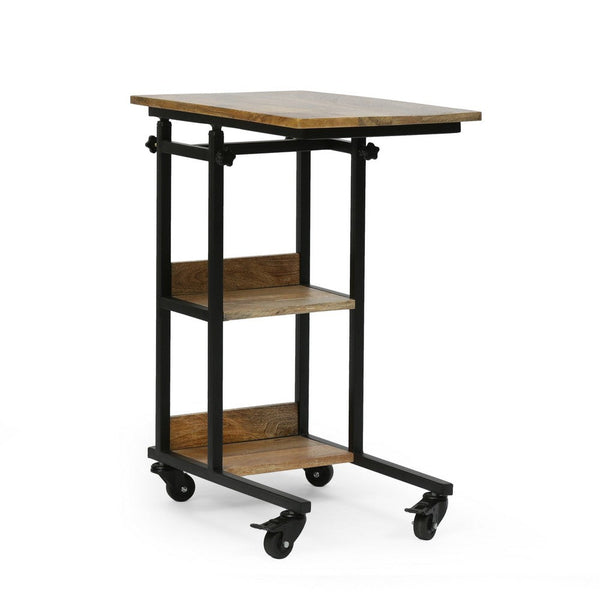 Mazie Laptop Table on Wheels, 2 Shelves, Brown Mango Wood, Black Steel -BM337019