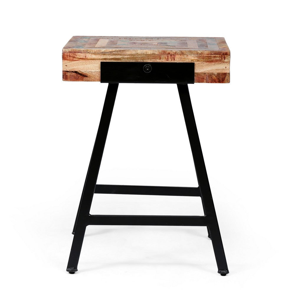 Draco Side End Table with Trestle Legs, Iron Frame, Natural Mango Wood -BM337030