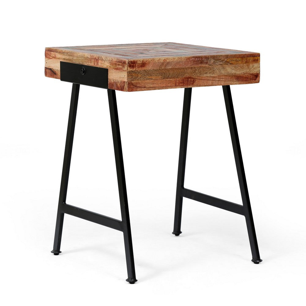 Draco Side End Table with Trestle Legs, Iron Frame, Natural Mango Wood -BM337030
