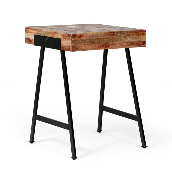 Draco Side End Table with Trestle Legs, Iron Frame, Natural Mango Wood -BM337030