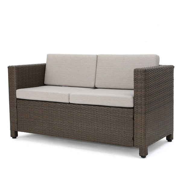 Perie Outdoor Loveseat, Modern Brown Faux Rattan, Gray Polyester -BM337032