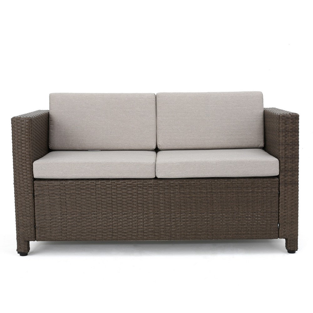 Perie Outdoor Loveseat, Modern Brown Faux Rattan, Gray Polyester -BM337032