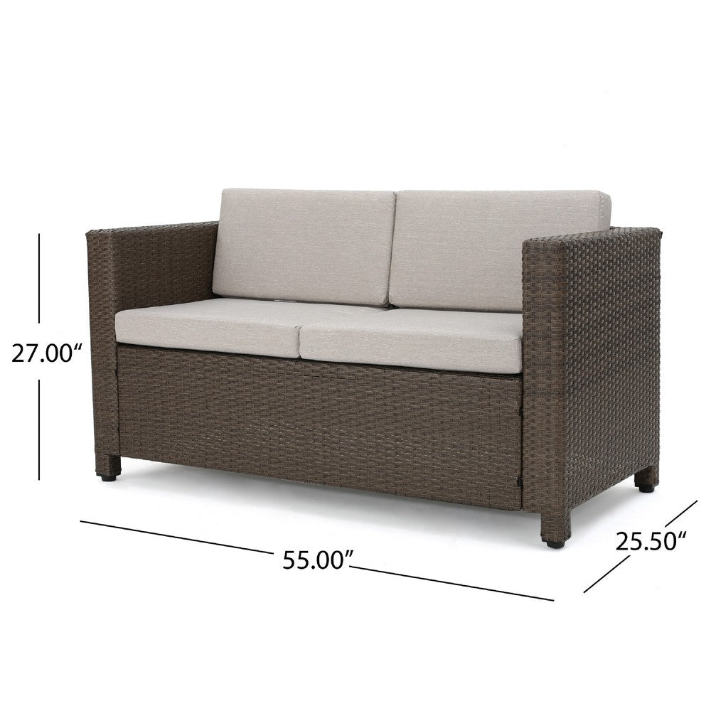 Perie Outdoor Loveseat, Modern Brown Faux Rattan, Gray Polyester -BM337032