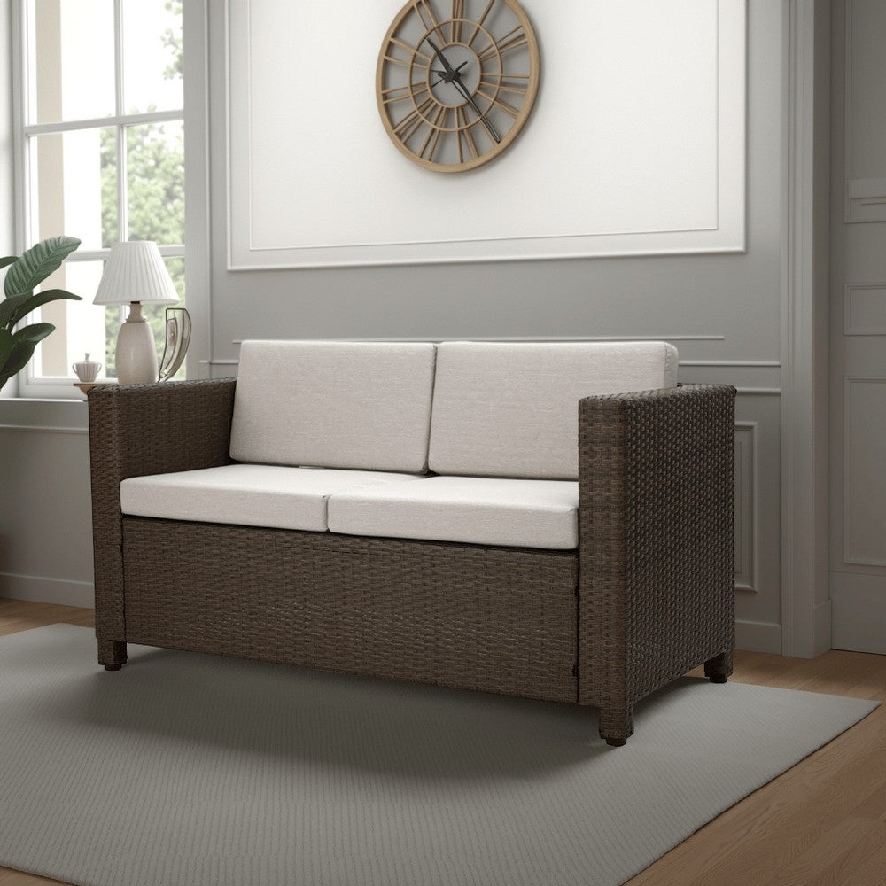 Perie Outdoor Loveseat, Modern Brown Faux Rattan, Gray Polyester -BM337032