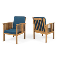 Gerry Outdoor Club Chair Set of 2, Slatted Design, Brown Wood, Blue -BM337035