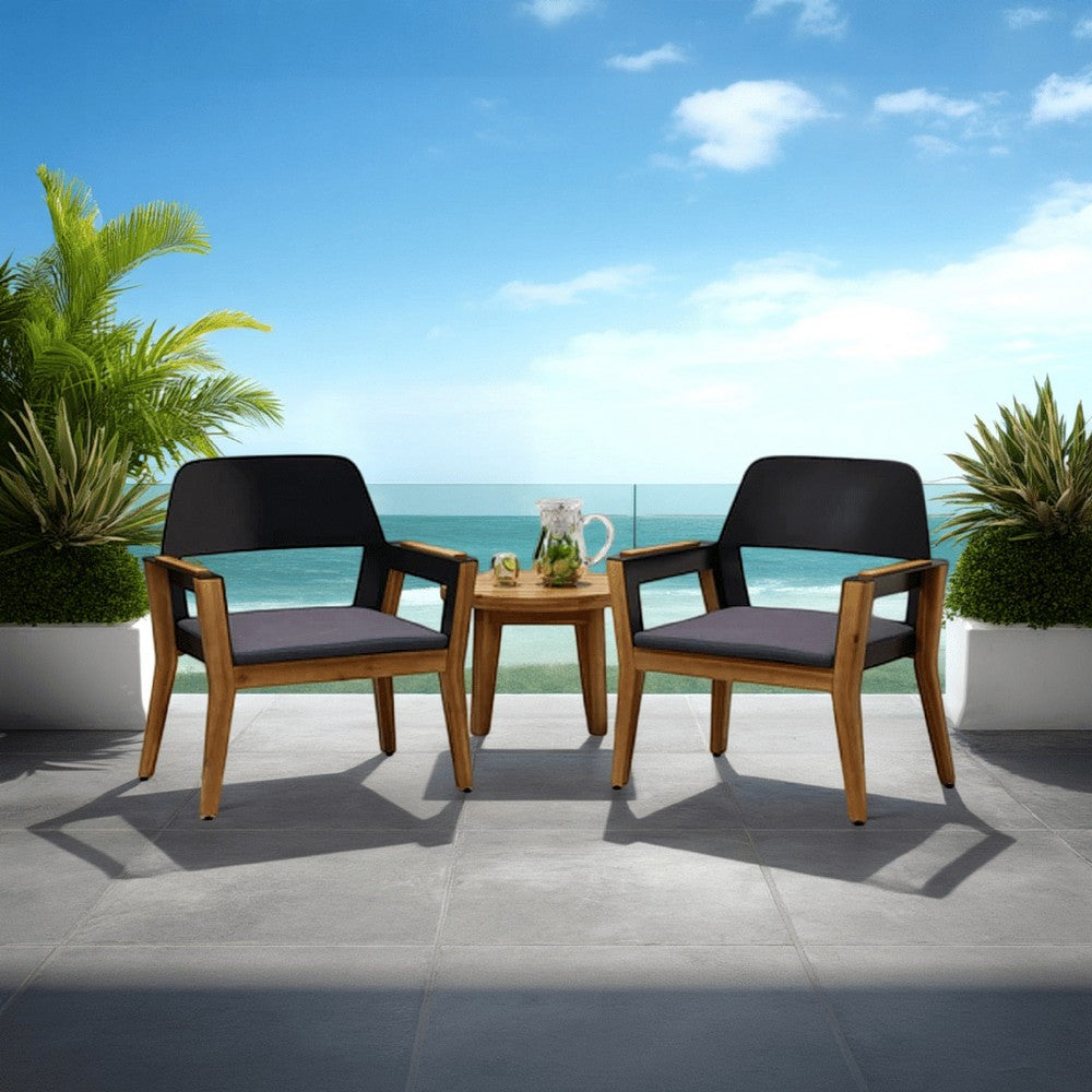 Soyan Outdoor Club Chair Set of 2, Teak Brown Acacia Wood, Blue Fabric -BM337036