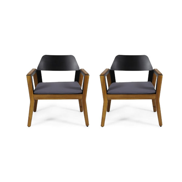 Soyan Outdoor Club Chair Set of 2, Teak Brown Acacia Wood, Blue Fabric -BM337036