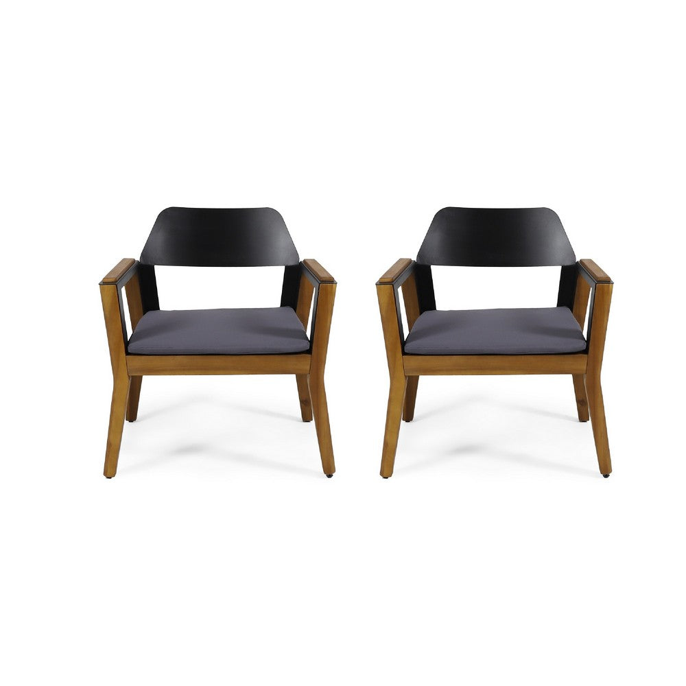 Soyan Outdoor Club Chair Set of 2, Teak Brown Acacia Wood, Blue Fabric -BM337036