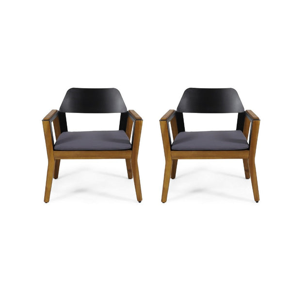 Soyan Outdoor Club Chair Set of 2, Teak Brown Acacia Wood, Blue Fabric -BM337036