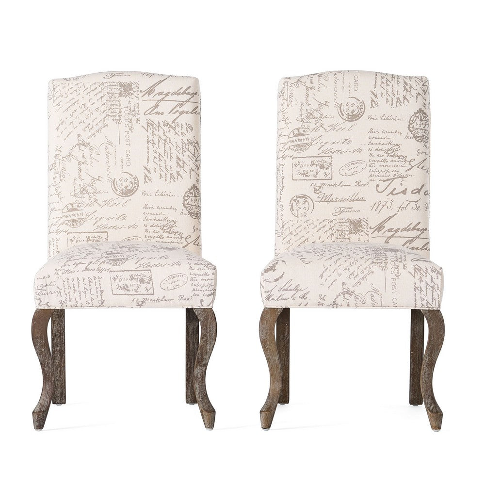 Lynna Dining Chair Set of 2, Beige Script Pattern Design, Carved Legs -BM337037