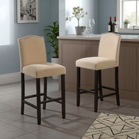 Marky Barstool Chair Set of 2, Arched Back and Footrest, Beige Fabric -BM337038