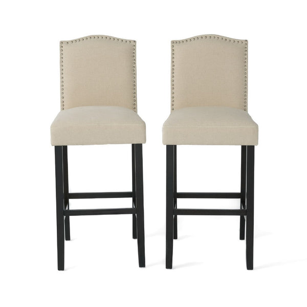 Marky Barstool Chair Set of 2, Arched Back and Footrest, Beige Fabric -BM337038
