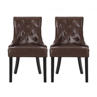 Chen Dining Chair Set of 2, Curved Brown Diamond Tufted Faux Leather -BM337042