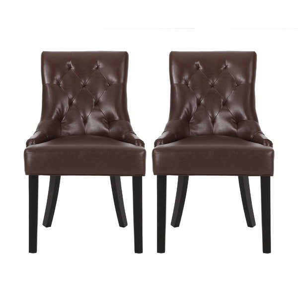 Chen Dining Chair Set of 2, Curved Brown Diamond Tufted Faux Leather -BM337042