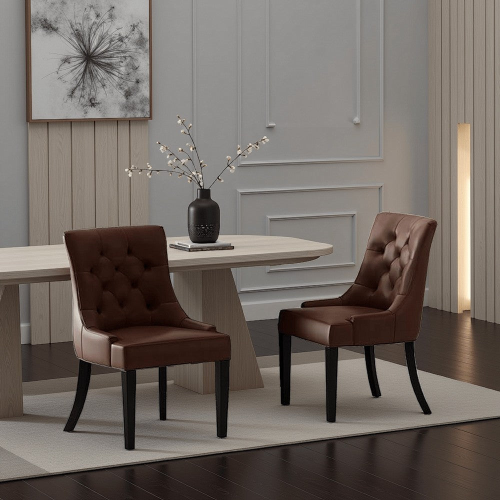 Chen Dining Chair Set of 2, Curved Brown Diamond Tufted Faux Leather -BM337042