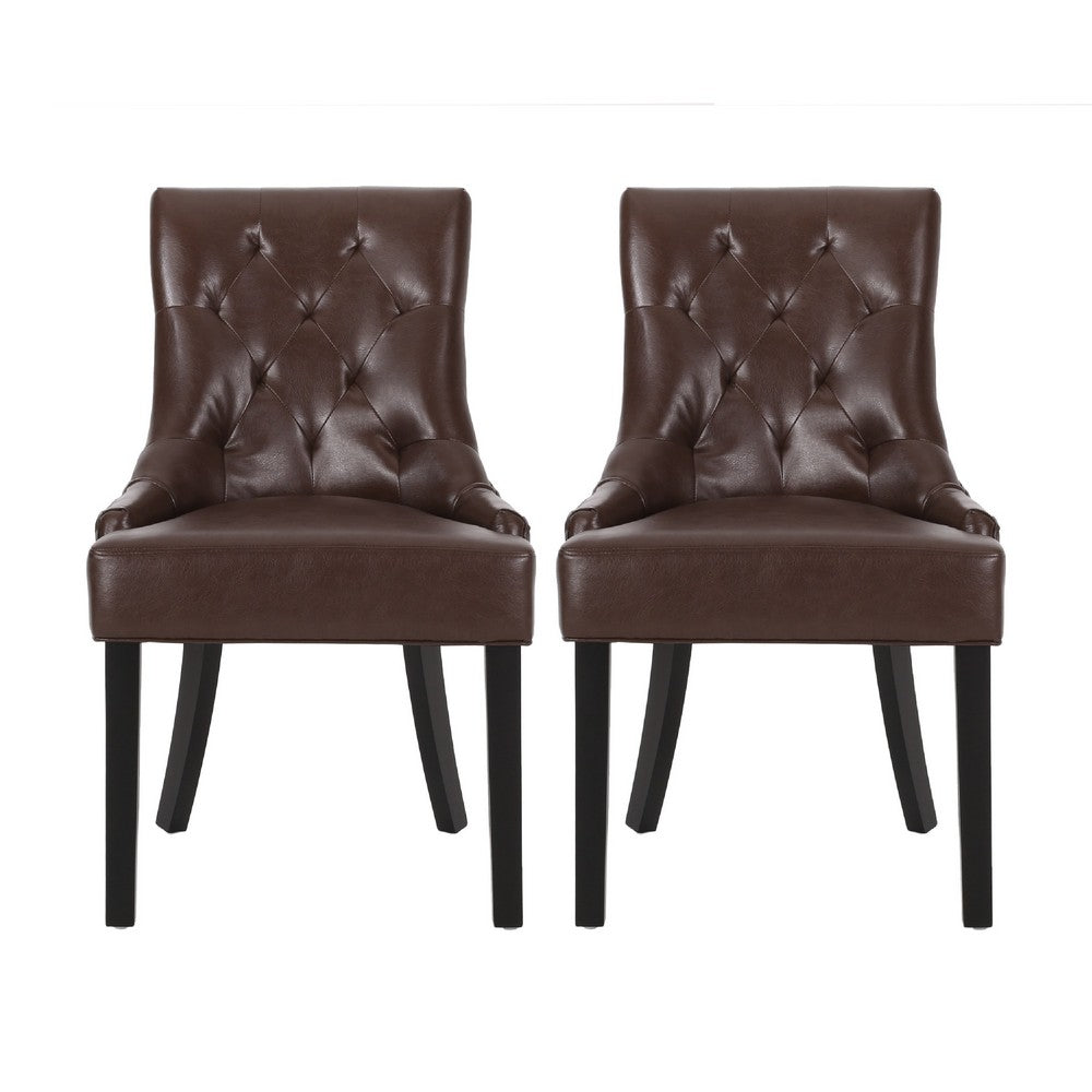 Chen Dining Chair Set of 2, Curved Brown Diamond Tufted Faux Leather -BM337042