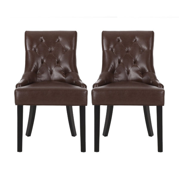 Chen Dining Chair Set of 2, Curved Brown Diamond Tufted Faux Leather -BM337042