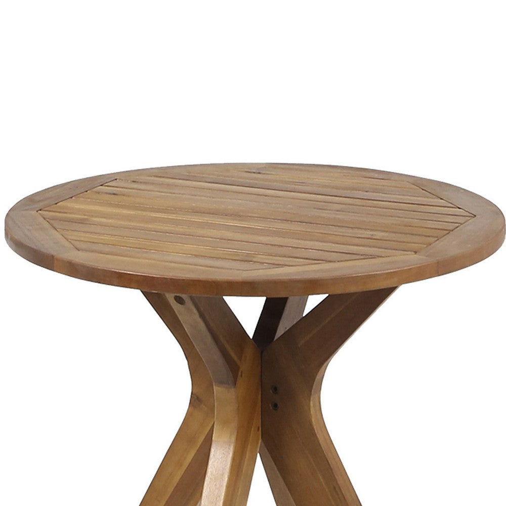 Ambre Outdoor Bistro Table, 30 Inch Slatted Round Top, Teak Brown Wood -BM337046