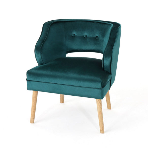 Joen Accent Chair, Curved Backrest, Rubberwood Legs, Teal Blue Velvet -BM337048