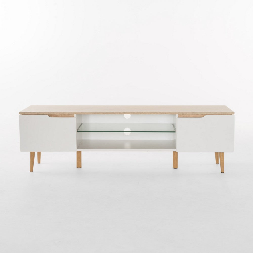 Xyna TV Stand Media Cabinet, 2 Doors, Tempered Glass, White, Oak Brown -BM337056