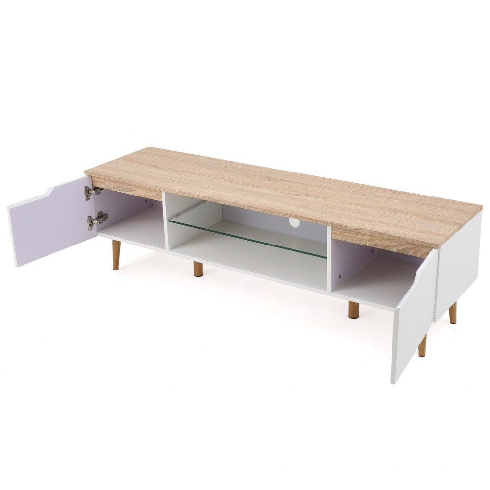 Xyna TV Stand Media Cabinet, 2 Doors, Tempered Glass, White, Oak Brown -BM337056